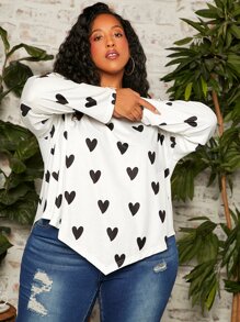 SHEIN CURVE+ 大碼愛心圖案手帕下擺T恤 - 黑與白 - 查看 5