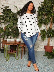 SHEIN CURVE+ 大碼愛心圖案手帕下擺T恤 - 黑與白 - 查看 6