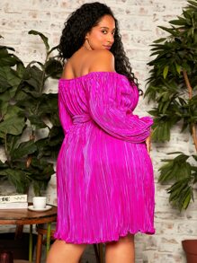 SHEIN CURVE+ Vestido con cinturón de hombros descubiertos de manga farol plisado - Rojo violeta - Ver 3