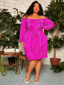 SHEIN CURVE+ Vestido con cinturón de hombros descubiertos de manga farol plisado - Rojo violeta - Ver 5