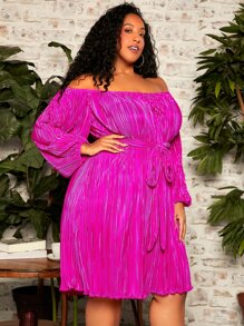 SHEIN CURVE+ Vestido con cinturón de hombros descubiertos de manga farol plisado - Rojo violeta - Ver 1