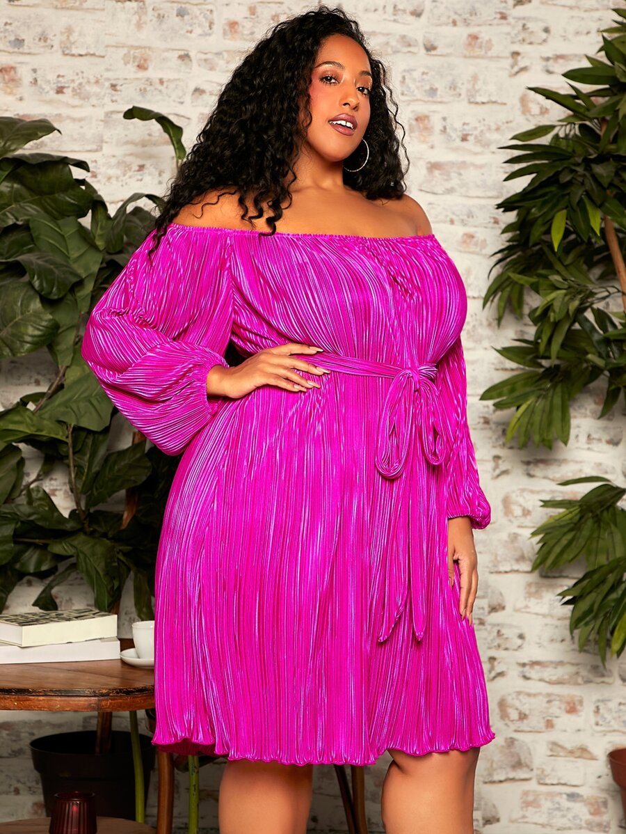 SHEIN CURVE+ Vestido con cinturón de hombros descubiertos de manga farol plisado - Rojo violeta - Ver 1