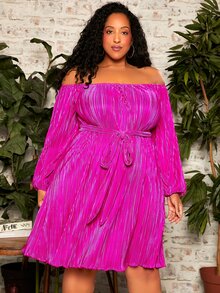 SHEIN CURVE+ Vestido con cinturón de hombros descubiertos de manga farol plisado - Rojo violeta - Ver 6