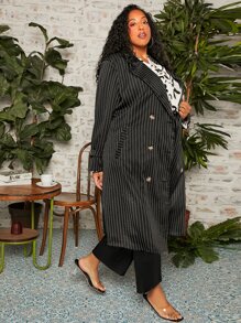 SHEIN CURVE+ Plus Striped Double Breasted Blazer - Black - View 6