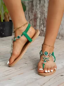 WRCVS Dép xăng đan nữ màu trắng đính đá, đế bằng chống trượt, kiểu dáng chữ T trong suốt, gợi cảm, thích hợp cho tiệc cưới, đi biển, du lịch, mùa xuân hè. - màu xanh lá - Xem 4