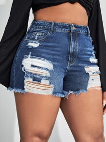SHEIN 大碼高腰破洞毛邊緣牛仔短褲 - 中等水洗藍 - 查看 1