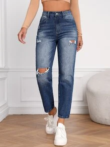 Ripped Mom Fit Jeans - Medium Wash - View 4