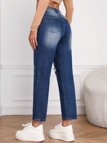 Ripped Mom Fit Jeans - Medium Wash - View 2