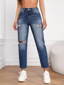 Ripped Mom Fit Jeans - Medium Wash - View 3