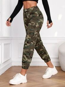 Camo Print Flap Pocket Cargo Jeans - Multicolor - View 1