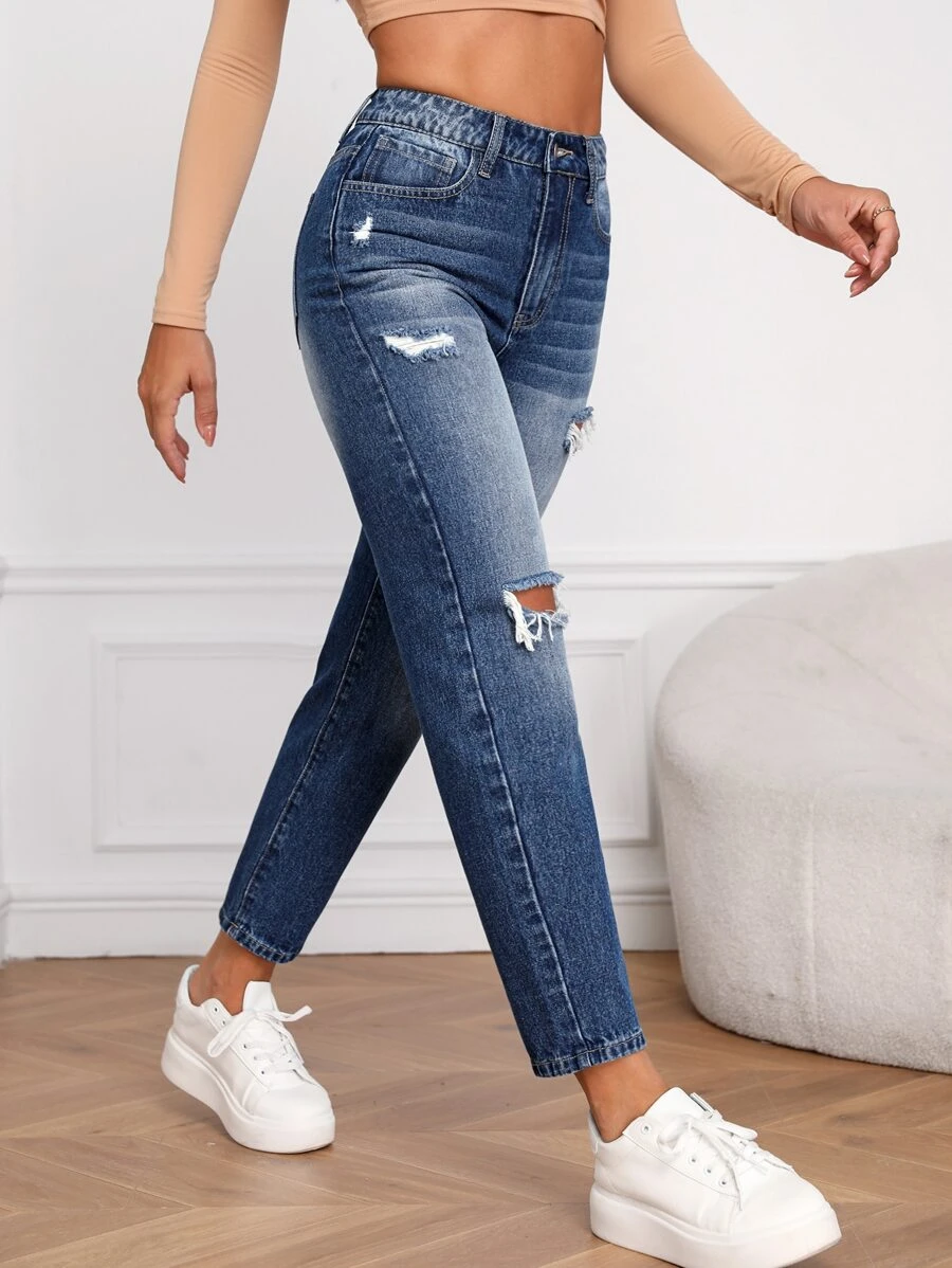 Ripped Mom Fit Jeans - Medium Wash - View 1