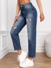 Ripped Mom Fit Jeans - Medium Wash - View 6