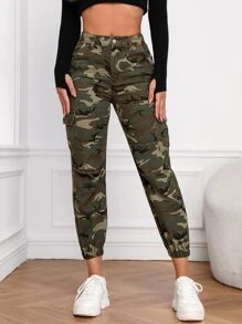 Camo Print Flap Pocket Cargo Jeans - Multicolor - View 4