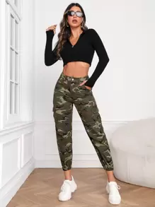 Camo Print Flap Pocket Cargo Jeans - Multicolor - View 5