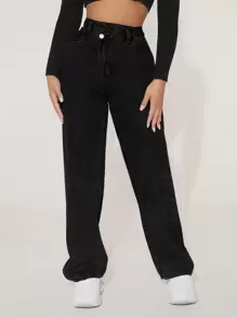 SHEIN PETITE High Waist Straight Leg Jeans - Black - View 1