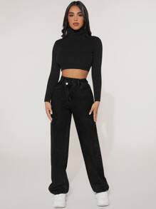 SHEIN PETITE High Waist Straight Leg Jeans - Black - View 3