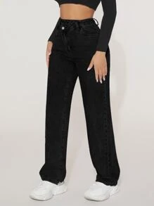 SHEIN PETITE High Waist Straight Leg Jeans - Black - View 4