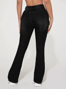 SHEIN PETITE Quần jean nữ Nút Túi Bị tách Dây kéo màu trơn - màu đen - Xem 2