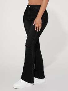 SHEIN PETITE Quần jean nữ Nút Túi Bị tách Dây kéo màu trơn - màu đen - Xem 3