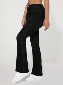 SHEIN PETITE Quần jean nữ Nút Túi Bị tách Dây kéo màu trơn - màu đen - Xem 5