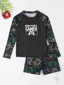 男孩標語和遊戲手柄圖案插肩袖泳裝 - 黑色 - 查看 1