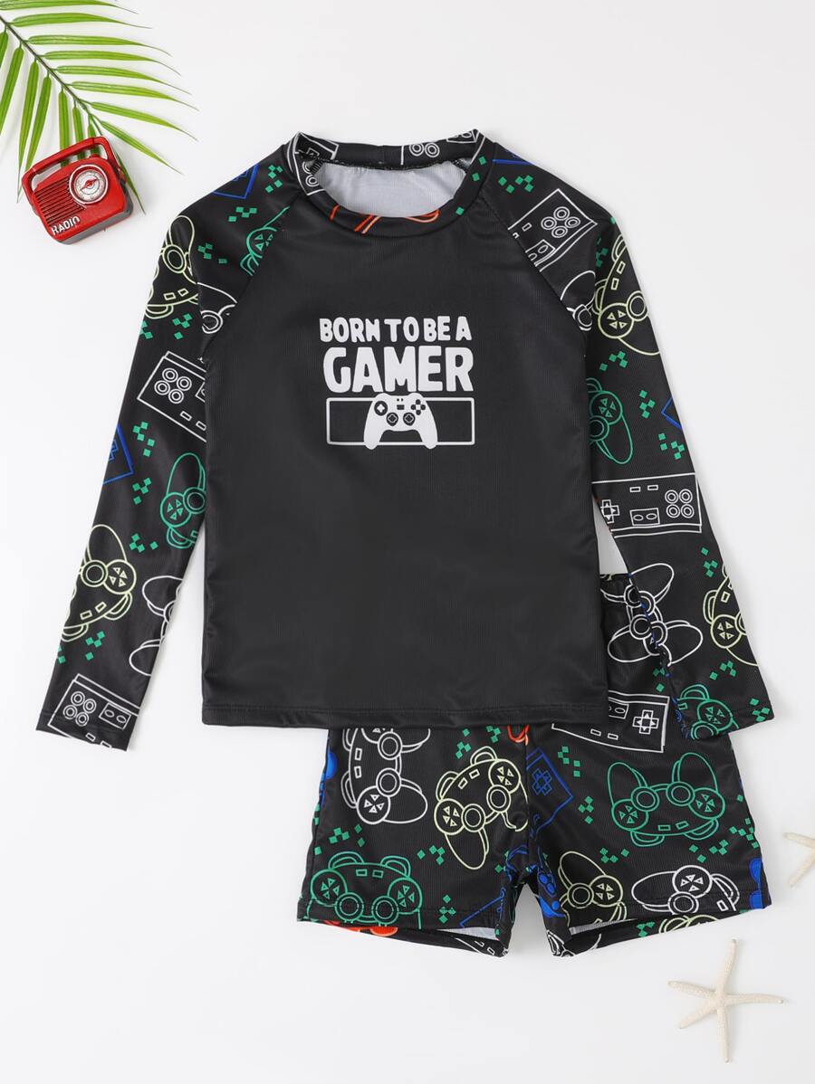 男孩標語和遊戲手柄圖案插肩袖泳裝 - 黑色 - 查看 1