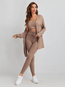 SHEIN Essnce Waffle Knit Tank Top And Leggings Set With Coat - Brown - View 1