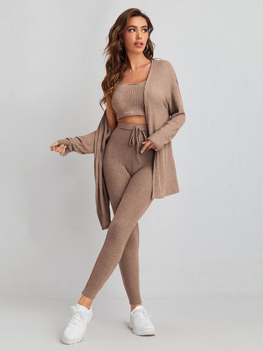 SHEIN Essnce Waffle Knit Tank Top And Leggings Set With Coat - Brown - View 1