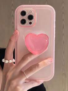 素色透明手機殼帶彈出式心形手機握把 - 粉色 - 查看 3