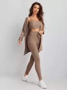 SHEIN Essnce Waffle Knit Tank Top And Leggings Set With Coat - Brown - View 4