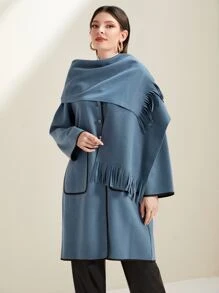 Mulvari Button Front Hooded Overcoat With Fringe Hem Scarf - Dusty Purple - View 1