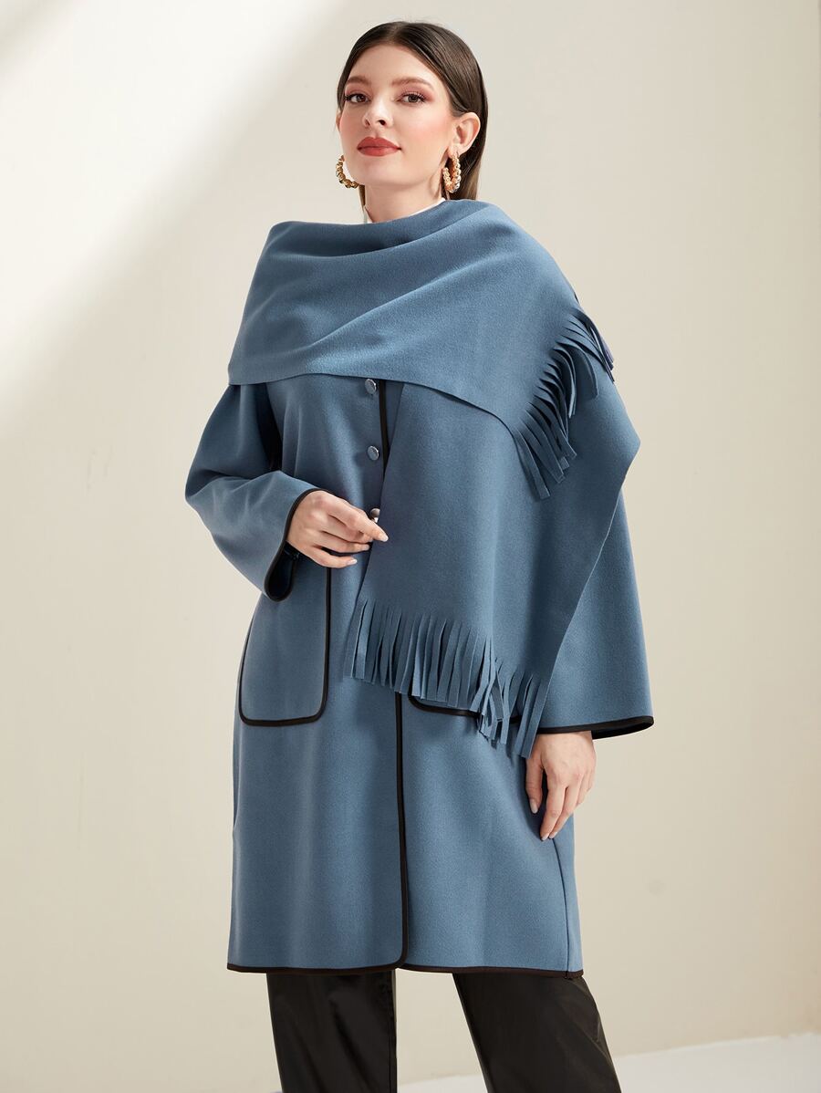 Mulvari Button Front Hooded Overcoat With Fringe Hem Scarf - Dusty Purple - View 1