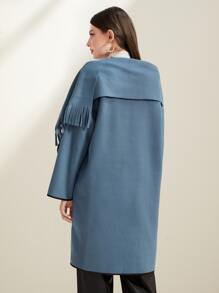 Mulvari Button Front Hooded Overcoat With Fringe Hem Scarf - Dusty Purple - View 2