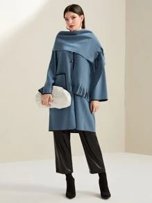 Mulvari Button Front Hooded Overcoat With Fringe Hem Scarf - Dusty Purple - View 4