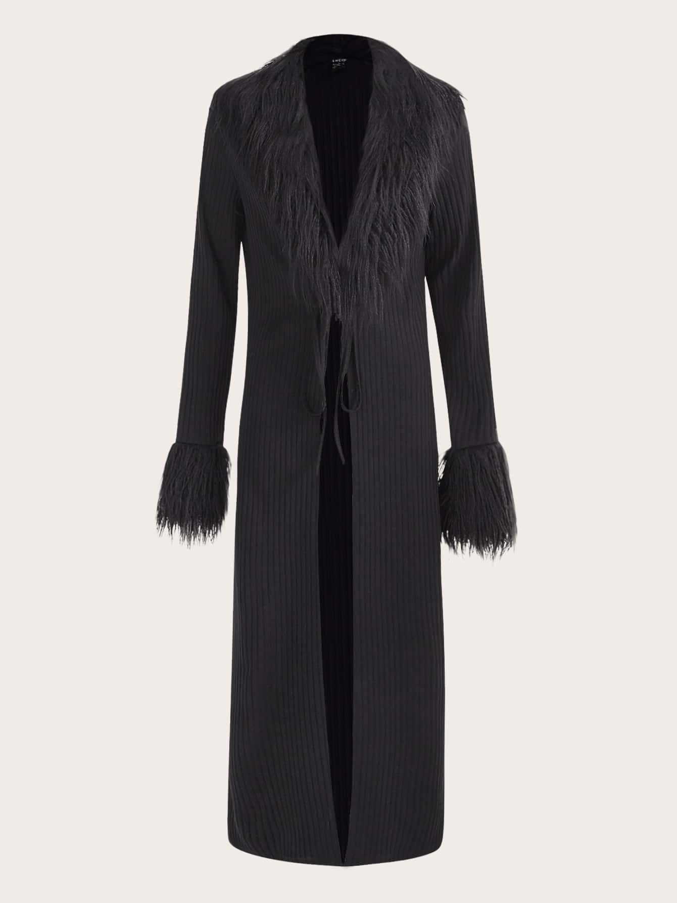 SHEIN ICON Fuzzy Trim Knot Front Coat - Black - View 1