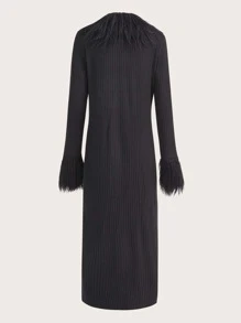 SHEIN ICON Fuzzy Trim Knot Front Coat - Black - View 2