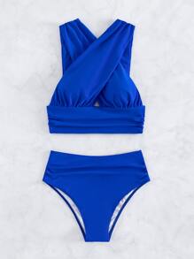 SHEIN Swim Summer Beach Criss Cross Ruched High Waisted Bikini - Royal Blue - View 3