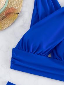 SHEIN Swim Summer Beach Criss Cross Ruched High Waisted Bikini - Royal Blue - View 5
