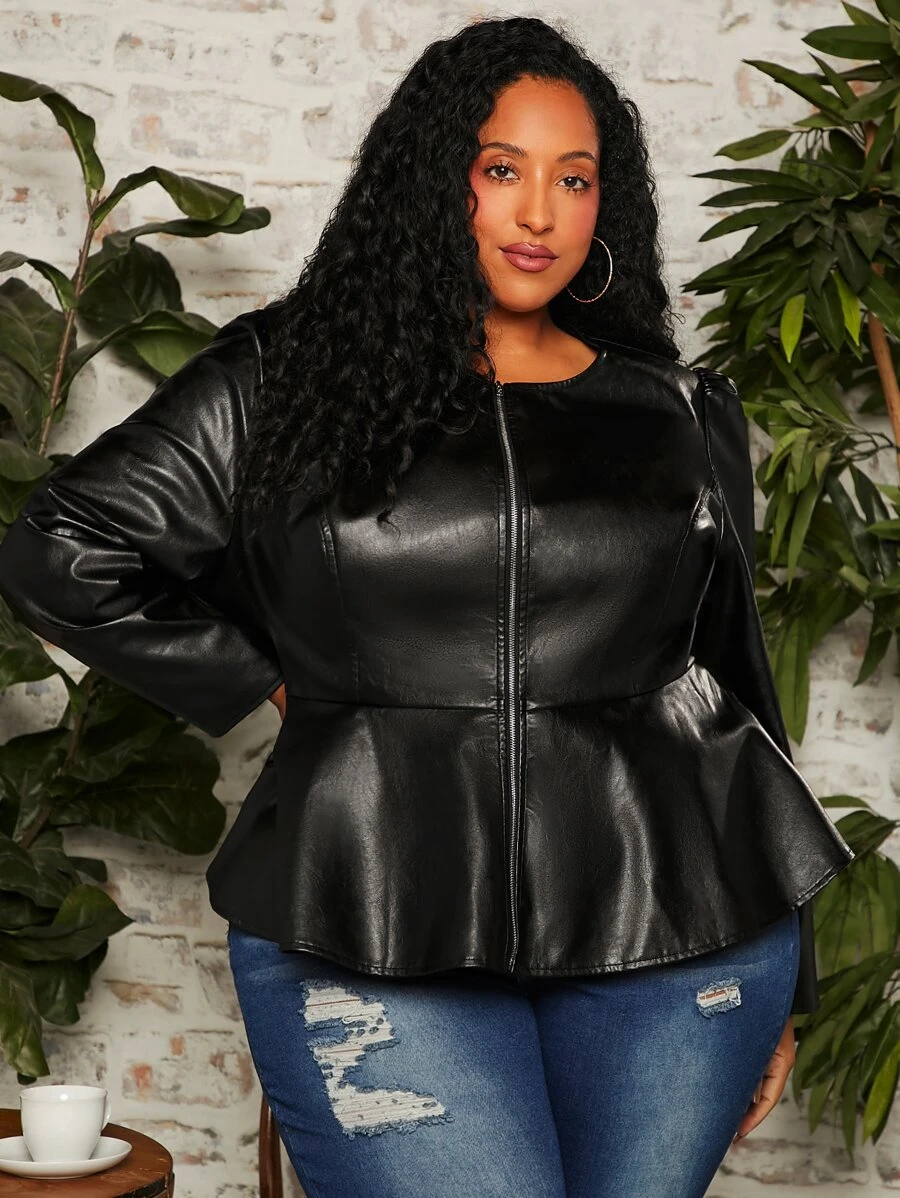 SHEIN CURVE+ Plus Zip Up Peplum PU Leather Jacket - Black - View 1