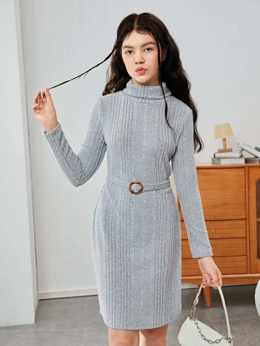 SHEIN Teen Girls Turtleneck Ribbed Knit Belted Dress - Grey - View 1