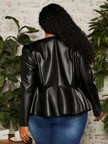 SHEIN CURVE+ Plus Zip Up Peplum PU Leather Jacket - Black - View 2