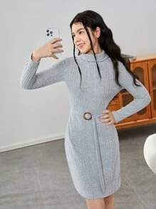 SHEIN Teen Girls Turtleneck Ribbed Knit Belted Dress - Grey - View 4