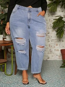SHEIN CURVE+ Jeans ajustados mom desgarro de talle alto - Lavado ligero - Ver 1