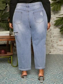 SHEIN CURVE+ Jeans ajustados mom desgarro de talle alto - Lavado ligero - Ver 2