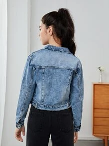 Teen Girls Ripped Flap Pocket Denim Jacket
