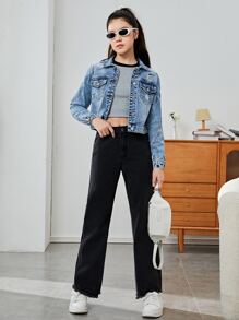Teen Girls Ripped Flap Pocket Denim Jacket