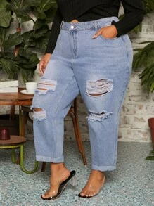 SHEIN CURVE+ Jeans ajustados mom desgarro de talle alto - Lavado ligero - Ver 3