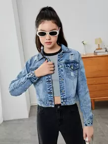 Teen Girls Ripped Flap Pocket Denim Jacket