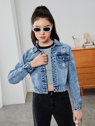 青少年女孩破洞翻蓋口袋牛仔夾克