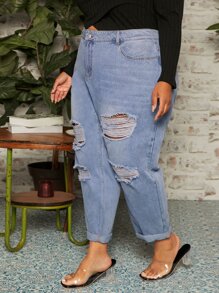 SHEIN CURVE+ Jeans ajustados mom desgarro de talle alto - Lavado ligero - Ver 4